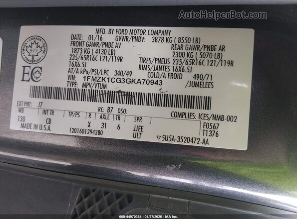 1FMZK1CG3GKA70943 2016 FORD TRANSIT-150 Gray Widok komory silnika