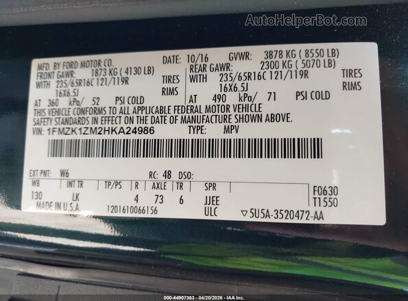 1FMZK1ZM2HKA24986 2017 FORD TRANSIT-150 Зеленый Вид подкапотного пространства