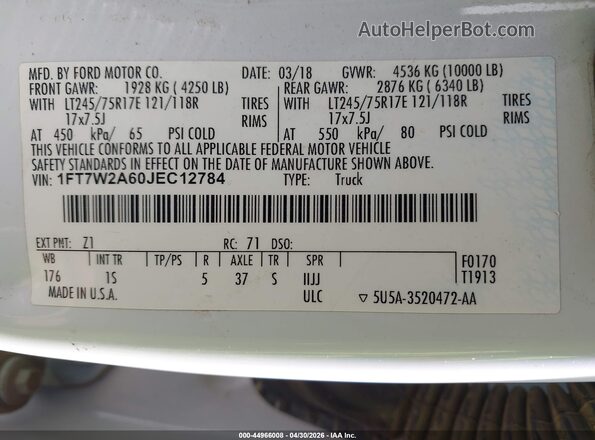 1FT7W2A60JEC12784 2018 FORD F-250 Белый Вид подкапотного пространства