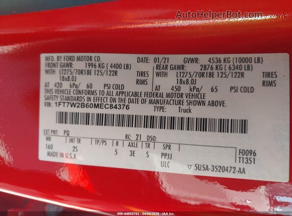 1FT7W2B60MEC84376 2021 FORD F-250 Red Vista del compartimento del motor