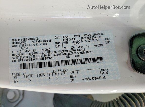 1FT7W2BA7REE38321 2024 FORD F250 White Vista de la etiqueta del VIN