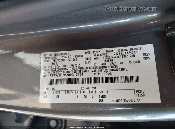 1FT7W2BN5NEG10164 2022 FORD F-250 Gray Vista del compartimento del motor