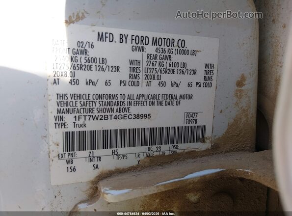 1FT7W2BT4GEC38995 2016 FORD F-250 White Vista del compartimento del motor