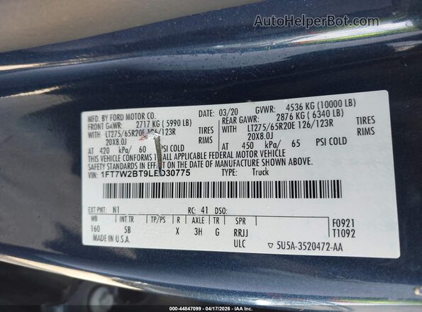 1FT7W2BT9LED30775 2020 FORD F-250 Blue 