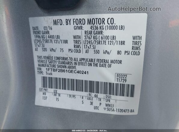 1FTBF2B61GEC40241 2016 FORD F-250 Silver Vista del compartimento del motor