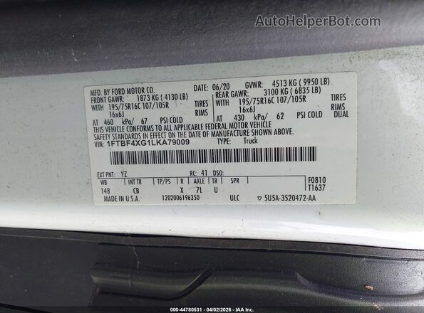 1FTBF4XG1LKA79009 2020 FORD TRANSIT-350 White ძრავის განყოფილების ხედი