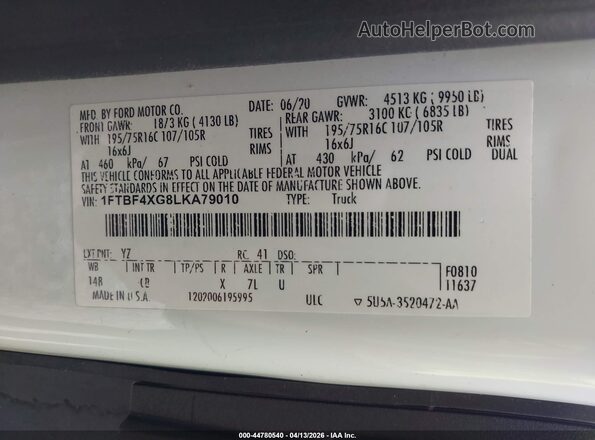 1FTBF4XG8LKA79010 2020 FORD TRANSIT-350 White 