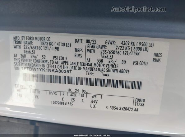 1FTBW1YK1NKA80357 2022 FORD E-TRANSIT-350 White 
