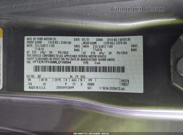 1FTER1FH0MLD10894 2021 FORD RANG Gray Շարժիչի բաժամունքի տեսք