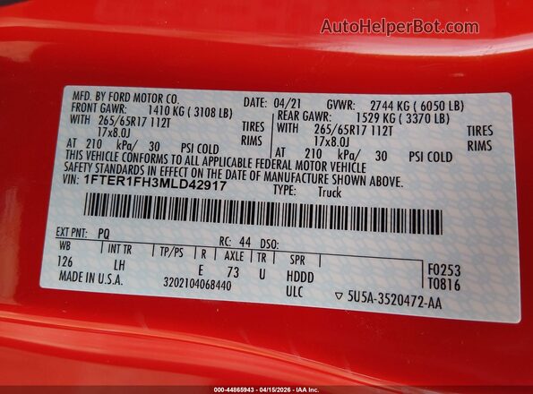 1FTER1FH3MLD42917 2021 FORD RANG Red 