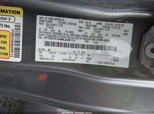 1FTER1FH4MLD48113 2021 FORD RANG Gray 