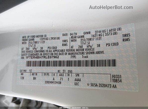 1FTER4BH7RLE07962 2024 FORD RANG White ძრავის განყოფილების ხედი
