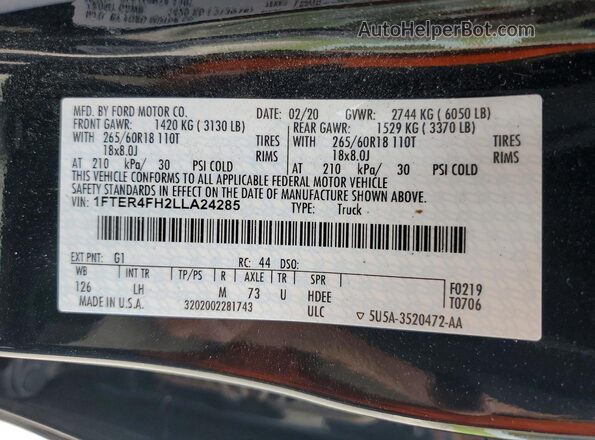 1FTER4FH2LLA24285 2020 FORD RANG Black ძრავის განყოფილების ხედი