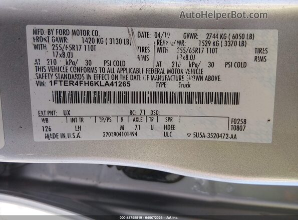 1FTER4FH6KLA41265 2019 FORD RANG White Vista del compartimento del motor
