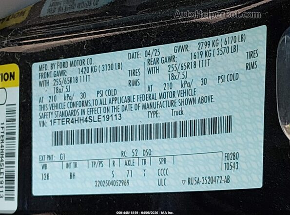 1FTER4HH4SLE19113 2025 FORD RANG Black Շարժիչի բաժամունքի տեսք