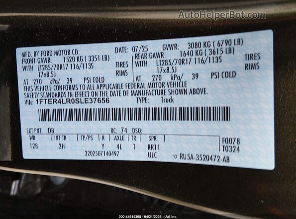 1FTER4LR0SLE37656 2025 FORD RANG Green Widok komory silnika