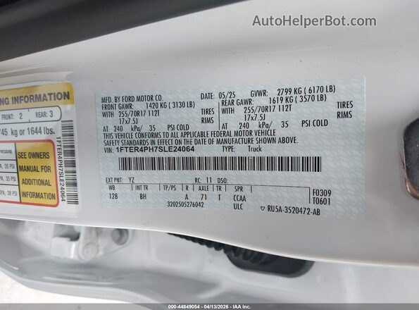 1FTER4PH7SLE24064 2025 FORD RANG White Vista del compartimento del motor