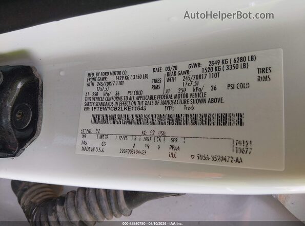 1FTEW1CB2LKE11643 2020 FORD F150 Белый Вид подкапотного пространства