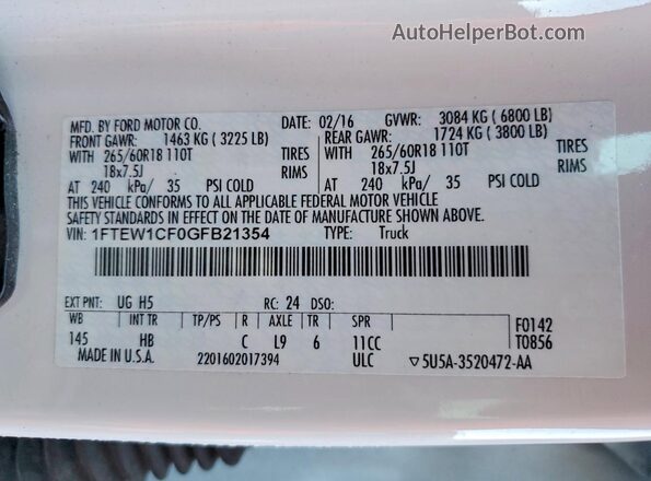 1FTEW1CF0GFB21354 2016 FORD F150 Two Tone VIN კოდის სტიკერის ხედი