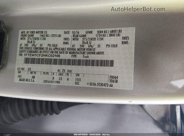 1FTEW1CF2HKC02106 2017 FORD F150 Silver Vista del compartimento del motor