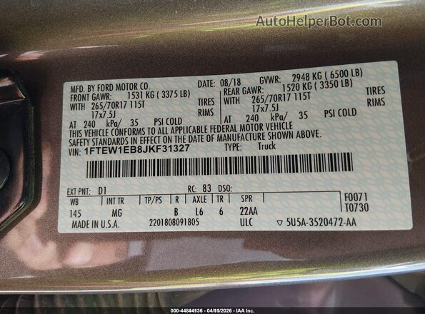 1FTEW1EB8JKF31327 2018 FORD F150 Brown Vista del compartimento del motor
