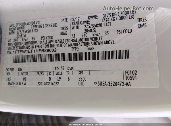 1FTEW1EF1HFB89032 2017 FORD F150 White Engine compartment view