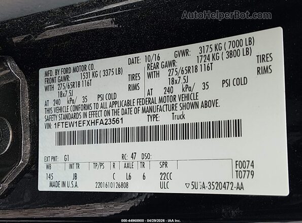 1FTEW1EFXHFA23561 2017 FORD F150 Black ძრავის განყოფილების ხედი