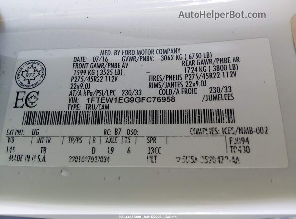 1FTEW1EG9GFC76958 2016 FORD F150 White Widok komory silnika