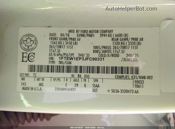 1FTEW1EP3JFC90331 2018 FORD F150 White Engine compartment view