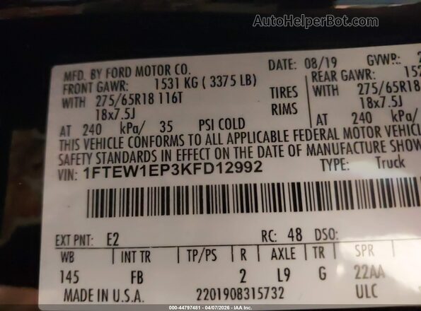 1FTEW1EP3KFD12992 2019 FORD F150 Purple 