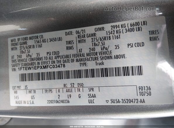 1FTEW1EPXMFC03478 2021 FORD F150 Silver Շարժիչի բաժամունքի տեսք