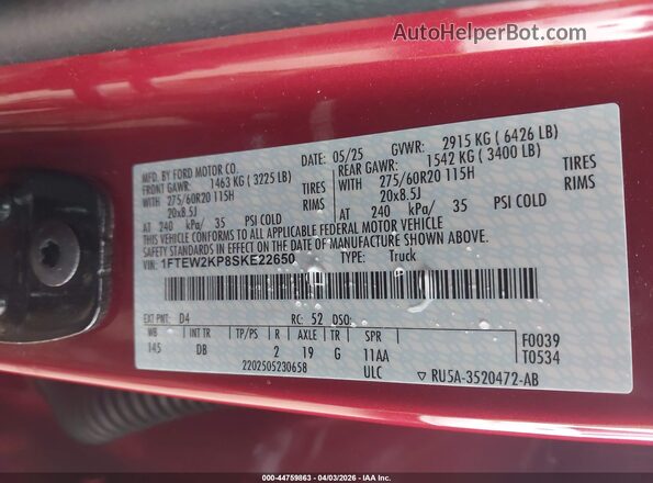 1FTEW2KP8SKE22650 2025 FORD F150 Red Engine compartment view