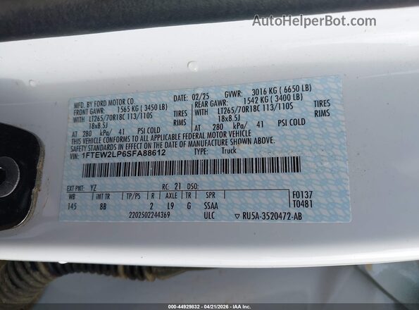 1FTEW2LP6SFA88612 2025 FORD F150 White Widok komory silnika