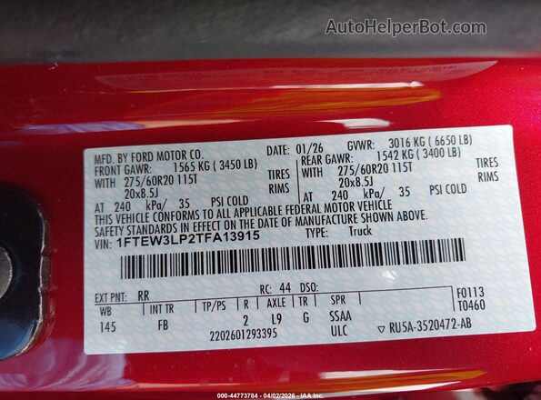 1FTEW3LP2TFA13915 2026 FORD F150 Red Widok komory silnika