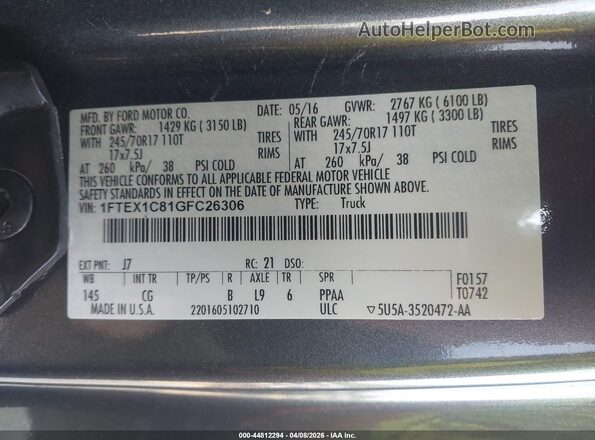 1FTEX1C81GFC26306 2016 FORD F150 Gray ძრავის განყოფილების ხედი