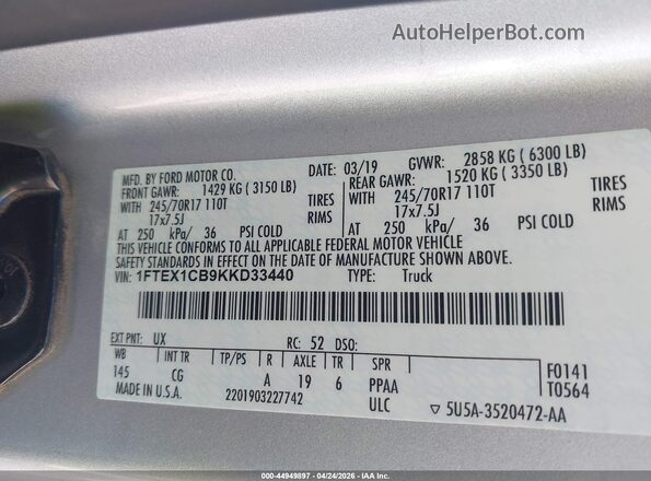 1FTEX1CB9KKD33440 2019 FORD F150 Silver Engine compartment view