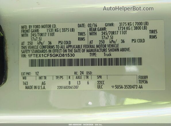 1FTEX1CF5GKD81530 2016 FORD F150 White Вид підкапотного простору