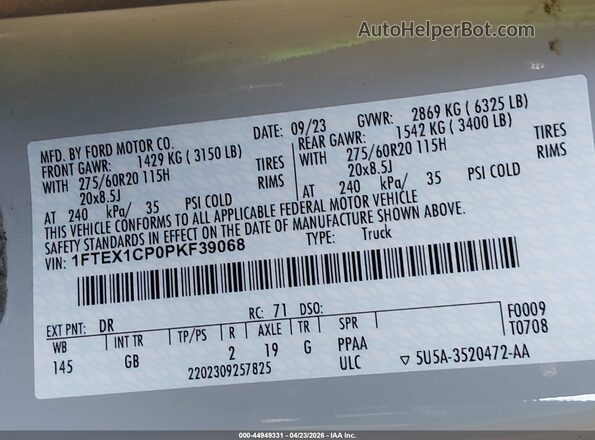 1FTEX1CP0PKF39068 2023 FORD F150 Gray ძრავის განყოფილების ხედი