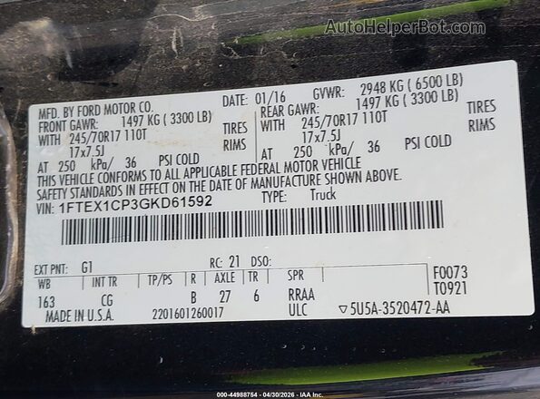 1FTEX1CP3GKD61592 2016 FORD F150 Черный Вид подкапотного пространства