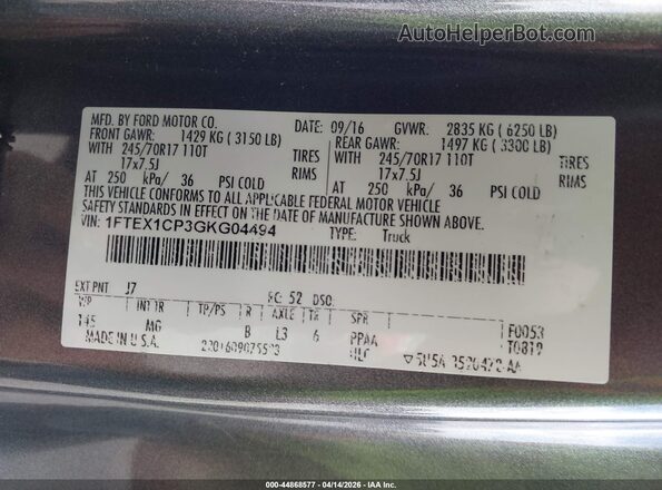 1FTEX1CP3GKG04494 2016 FORD F150 Gray Engine compartment view
