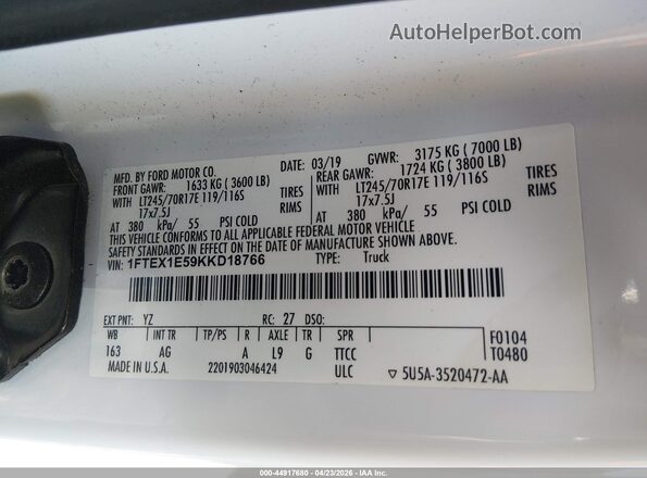 1FTEX1EB3LFA54296 2020 FORD F150 White 