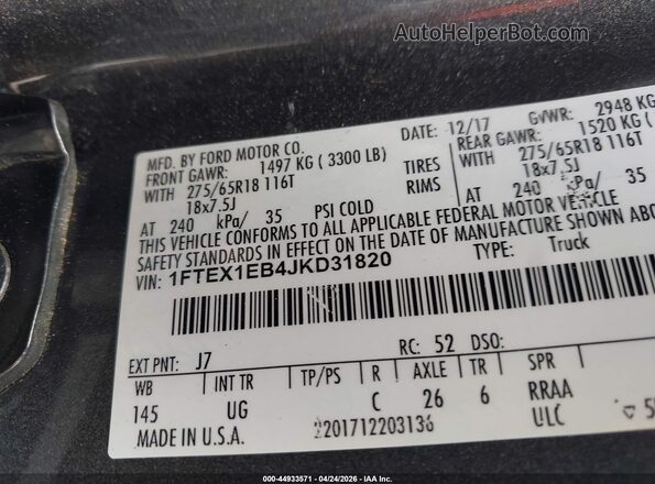 1FTEX1EB4JKD31820 2018 FORD F150 Gray Widok komory silnika