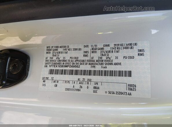1FTEX1EB5MFD09502 2021 FORD F150 White Вид підкапотного простору