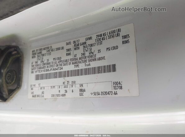 1FTEX1EB8JFA64724 2018 FORD F150 White ძრავის განყოფილების ხედი