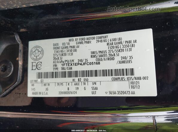 1FTEX1EP4JFC05168 2018 FORD F150 Black Vista del compartimento del motor