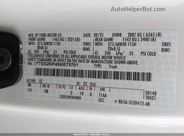 1FTEX2KP4SKE75701 2025 FORD F150 White Вид підкапотного простору