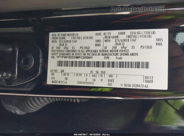1FTFW1ED3MFC05941 2021 FORD F150 Black ძრავის განყოფილების ხედი