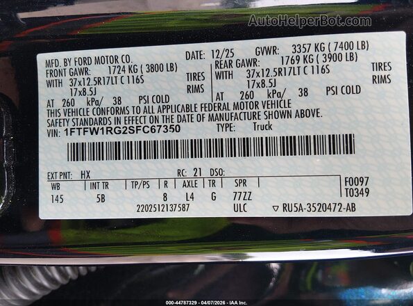1FTFW1RG2SFC67350 2025 FORD F150 Dark Blue Vista del compartimento del motor