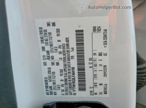 1FTFW1RG9LFA84190 2020 FORD F150 White Vista de la etiqueta del VIN