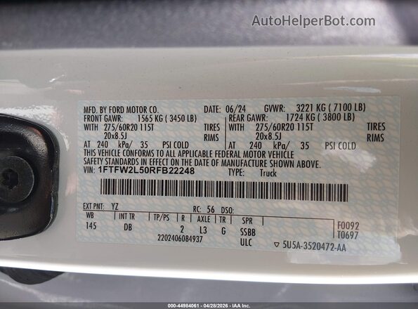1FTFW2L50RFB22248 2024 FORD F150 White Widok komory silnika